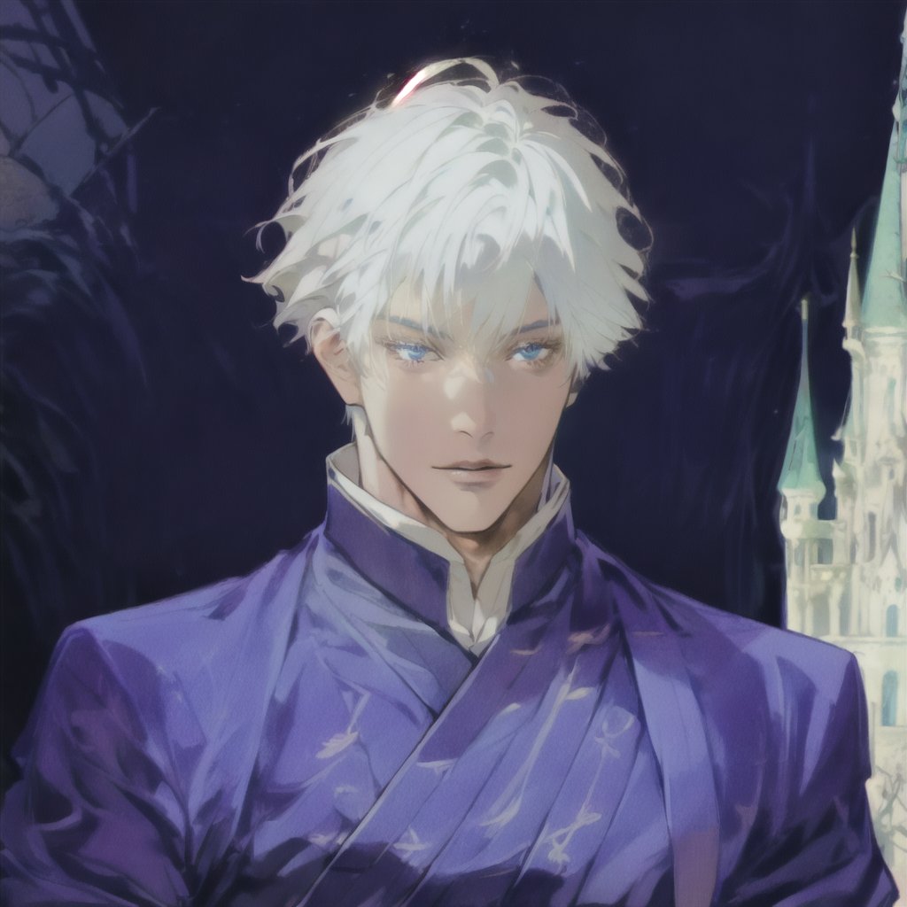 masterpiece, best quality, full detailed,1boy, gojo satoru, full body, eyes, nose, stand, castle background, basic prince royal clothes, best quality, white hair, white skin, blue eyes,boy