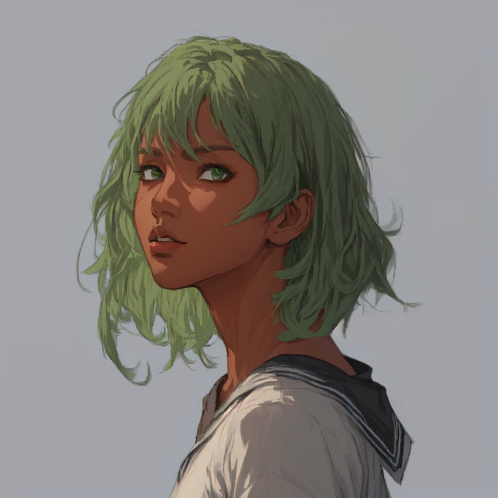 solo-female, looking at viewer, innocent face, short hair, simple background, shirt, school uniform, green eyes, white shirt, upper body, parted lips, green hair, serafuku, dark skin, sailor collar, grey background, from side, dark-skinned female, lips