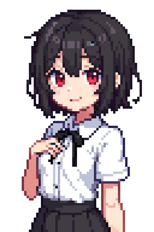 shameimaru aya, black hair, short hair, no hat, red eyes, smile, white shirt, black ribbon on chest, short sleeves, black skirt, chibi, pixel art,