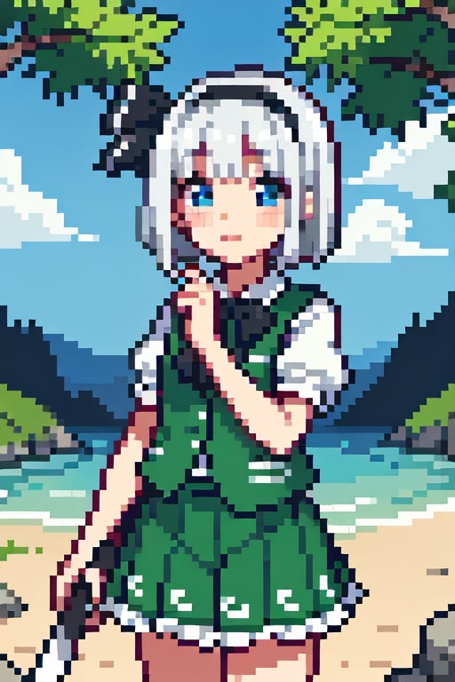 konpaku youmu, cowboy shot, white hair, short hair, blue eyes, blush, black ribbon, green vest, green skirt, frilled skirt, frills, outdoors, blue sky, long katana, holding katana, pixel art,