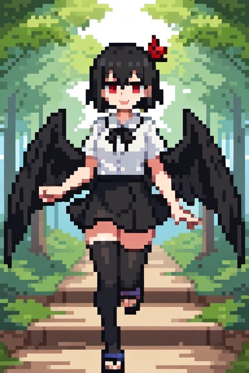 shameimaru_aya, no_hat, black_hair, short_hair, red_eyes, smile, white_shirt, black_ribbon on chest, black_skirt, thigh_highs, outdoors, forest, smile, black_wings, feathered_wings, geta, red geta, 