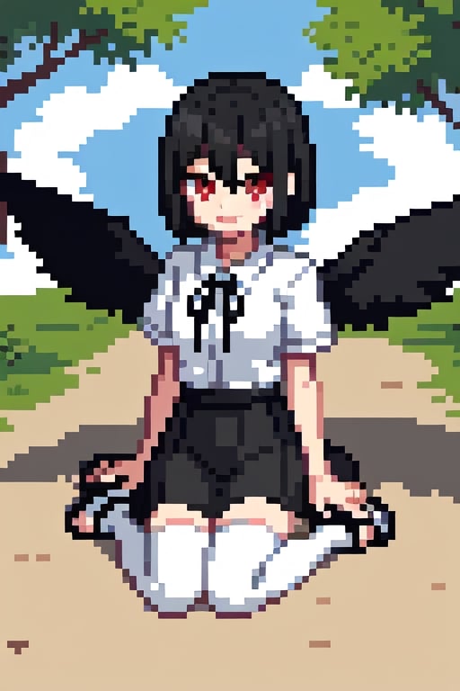 shameimaru_aya, black_hair, short_hair, no_hat, red_eyes, smile, white_shirt, short_sleeves, black_ribbon on chest, black_wings, feathered_wings, black_skirt, white_thigh_highs, geta, red_geta, outdoors, pixel_art,