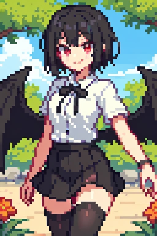 shameimaru_aya, black_hair, short_hair, red_eyes, smile, white_shirt, black_ribbon, black_skirt, thigh_highs, outdoors, smile, wings, feather_wings,