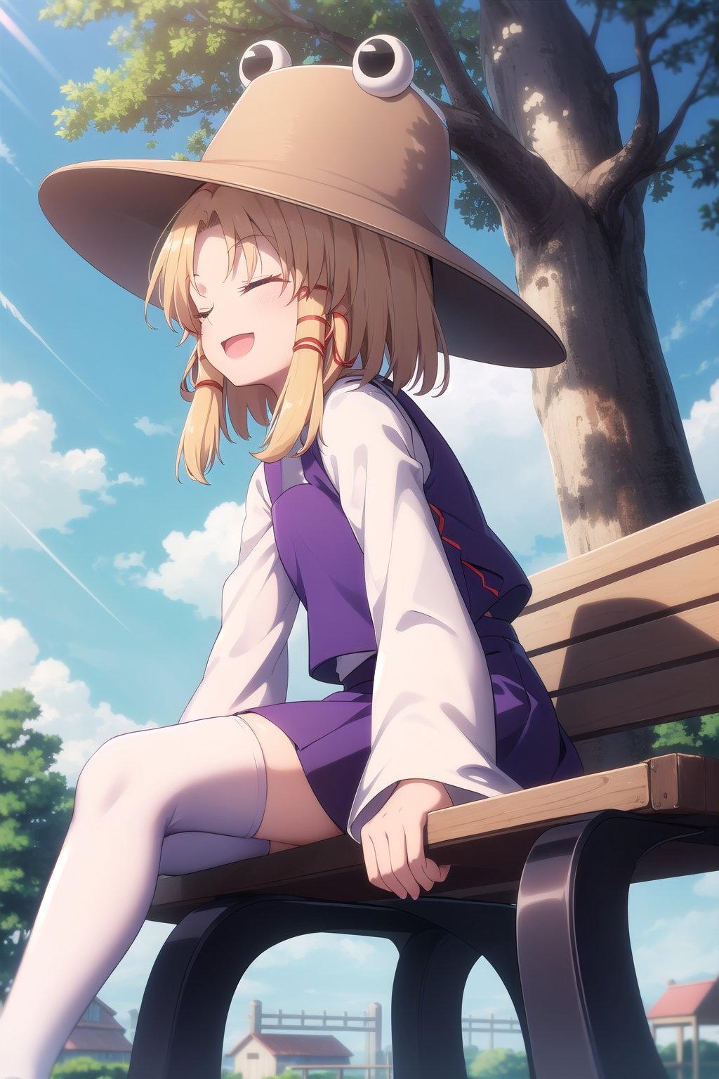 (cute), (bright), moriya suwako, orange hat, blonde hair, short hair, red sidelocks, closed eyes, open mouth, smile, purple vest, long white sleeves, wide sleeves, purple skirt, white thighhighs, black shoes, outdoors, sitting, sitting on bench, wodden bench, park, trees, blue sky, sunlight, from side,