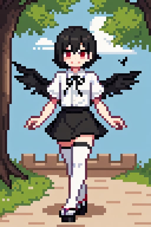 shameimaru_aya, black_hair, short_hair, no_hat, red_eyes, smile, white_shirt, short_sleeves, black_ribbon on chest, black_wings, feathered_wings, black_skirt, white_thigh_highs, geta, red_geta, outdoors, pixel_art,