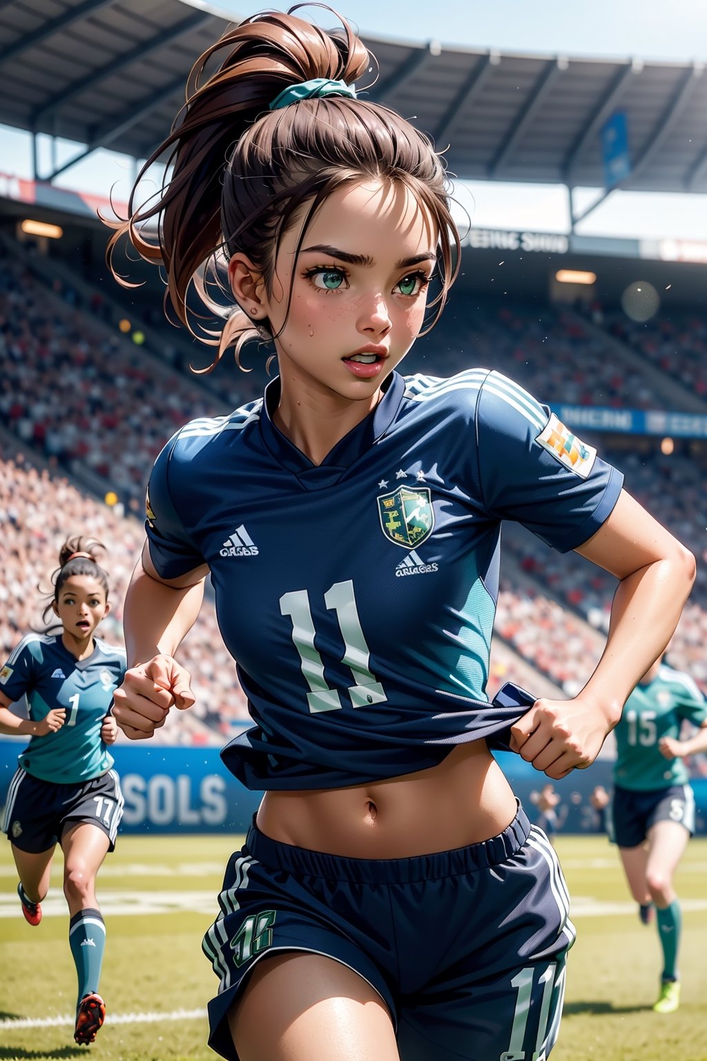 beautiful female football soccer player, perfect light green eyes, brown hair ponytail, blue football shirt with number 11, natural breasts, running on soccer stadium, crowd cheering, very sunny, high contrast, focused look, nsfw,