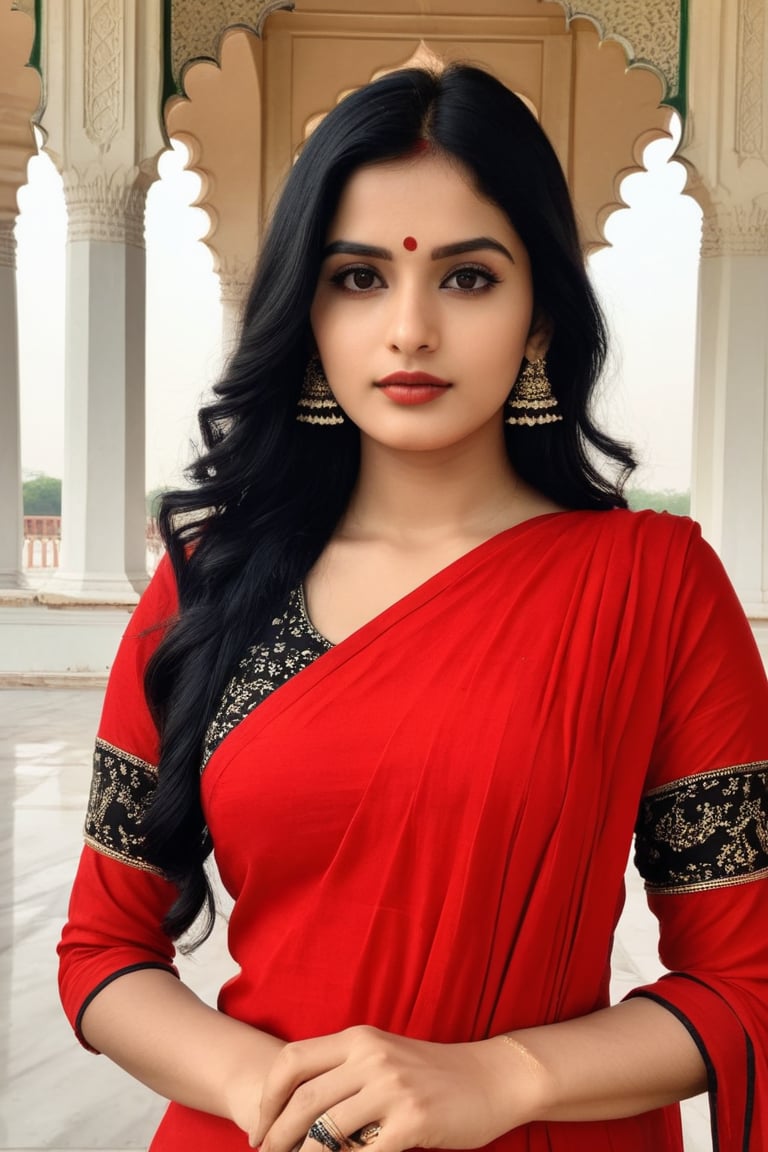 Best work, (Best quality, ,HDR, 8k, 32k, raw photo, photorealistic, UHD:1.2),red and black dress, simple eyes, black hair, detailed face , photoshoot, randomly click photo 24 years old Ultra realistic , india tajmahal photography random clicks 