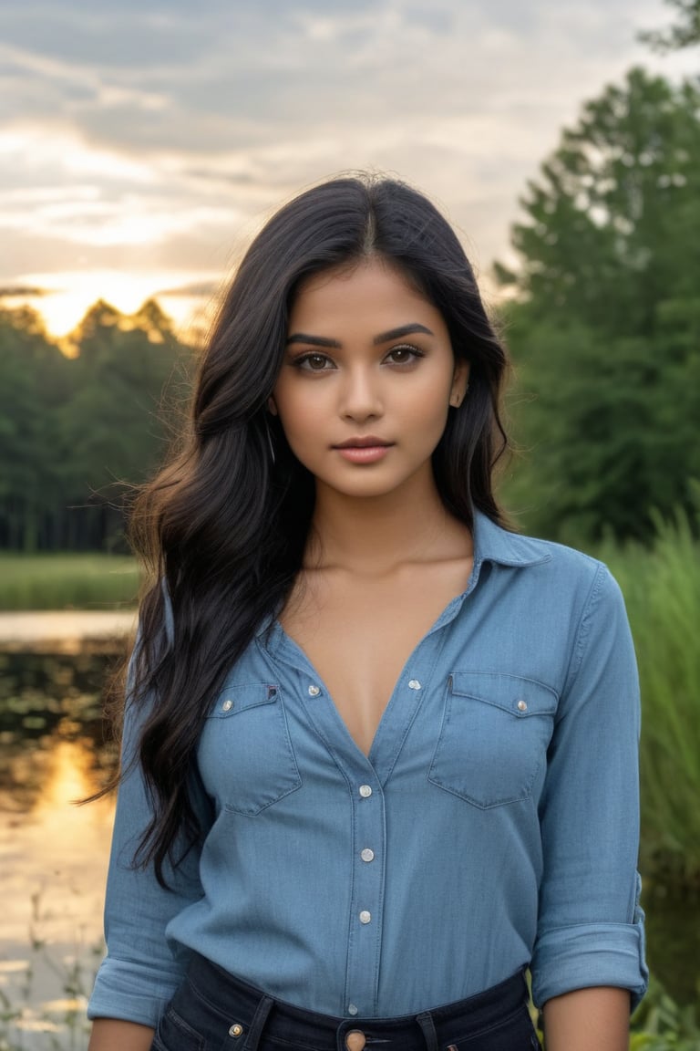 Best work, (Best quality, ,HDR, 8k, 32k, raw photo, photorealistic, UHD:1.2),forest, eyes, black hair, detailed face, perfect face, pond, dark sky, lights in the background, detailed sky, realistic clouds, sun, bright environment, late afternoon, sun rays in the clouds, In the heart of a bustling Indian marketplace, a 23-year-old  fashion. Jeans top.