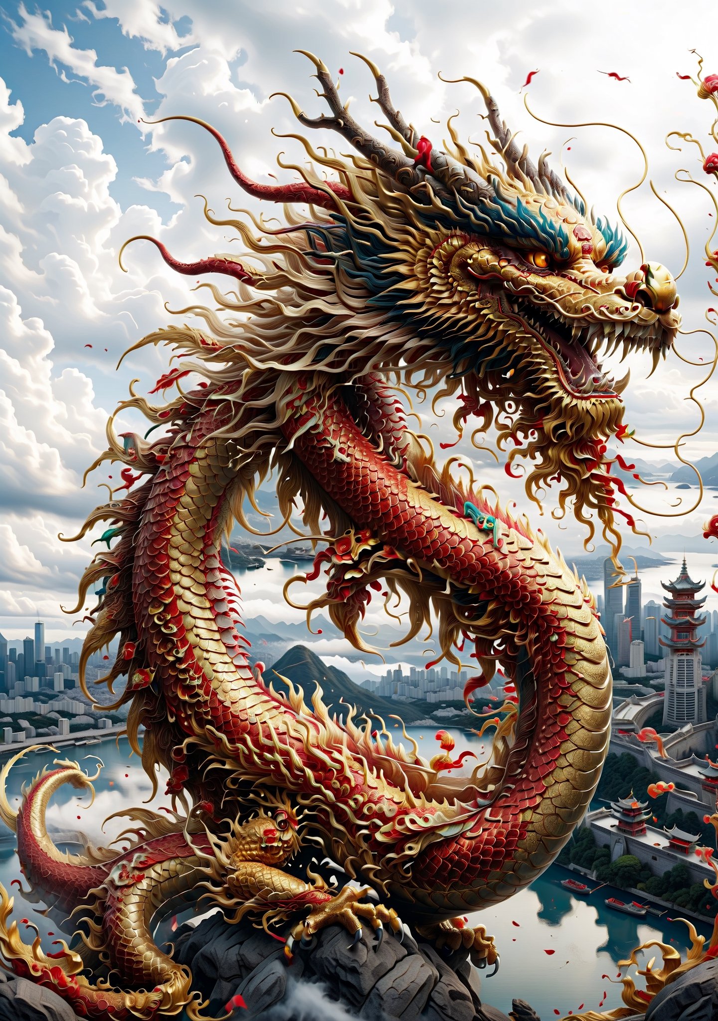 Chinese dragon high quality, 8K, golden dragon, red eyes, fangs, open mouth, teeth, five-fingered claws, golden dragon body, swaying from side to side, spiraling straight into the sky, tail above the city, five-fingered claws, golden Scales, traveling in the sky of the city, temporary whole body, dragon body is slender, background: sky, clouds, city, firecrackers, New Year atmosphere,