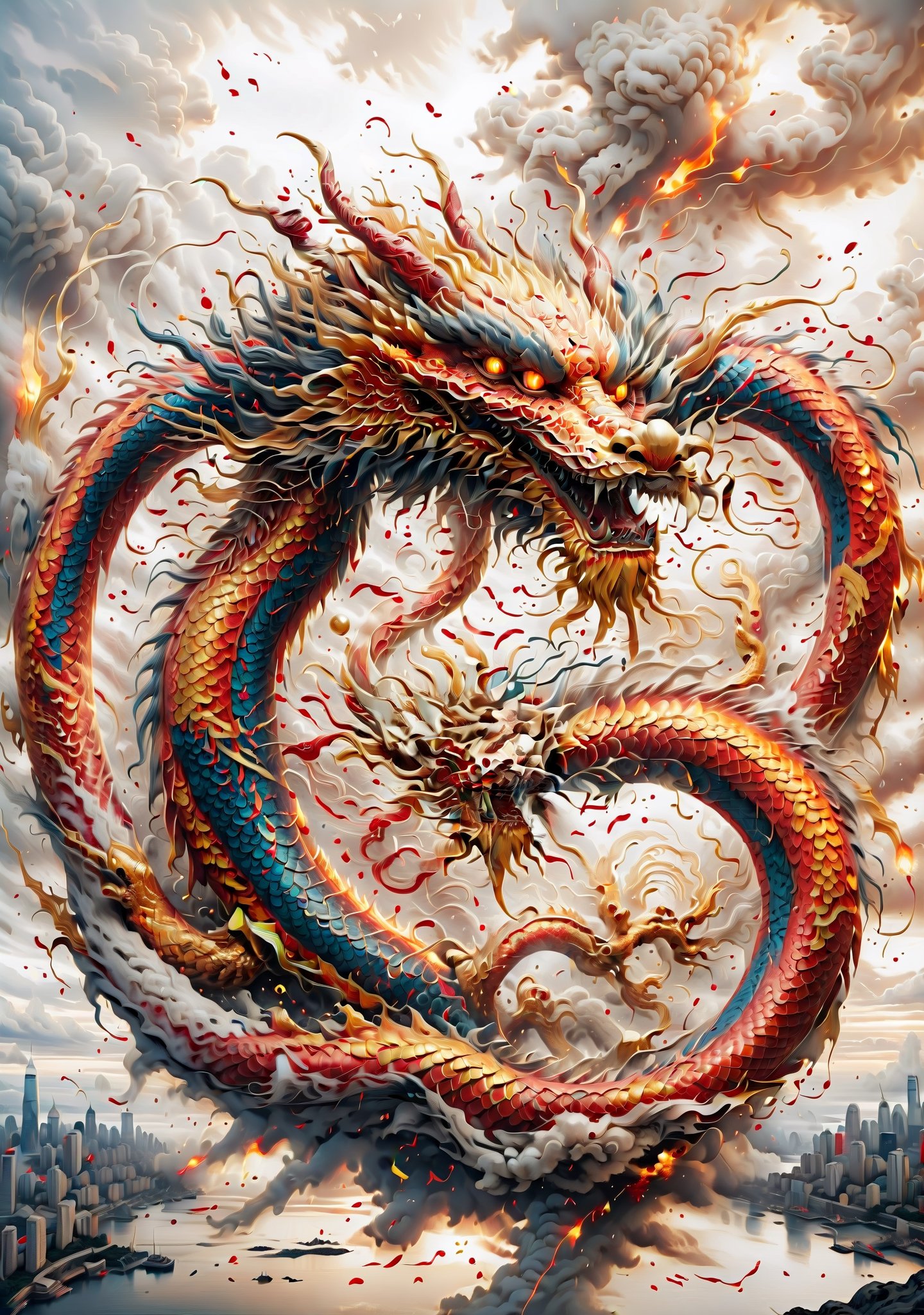 Chinese dragon high quality, 8K, golden dragon, body glow: 0.2, red eyes, fangs, mouth, teeth, five claws, golden dragon body, swinging left and right, spiraling into a big circle, tail above the city, five claws body 0.2 , golden scales, flying over the city, five claws in the sky, body 0.7, whole body, slender dragon body, background: fiery red sky, clouds, city, firecrackers, New Year atmosphere,