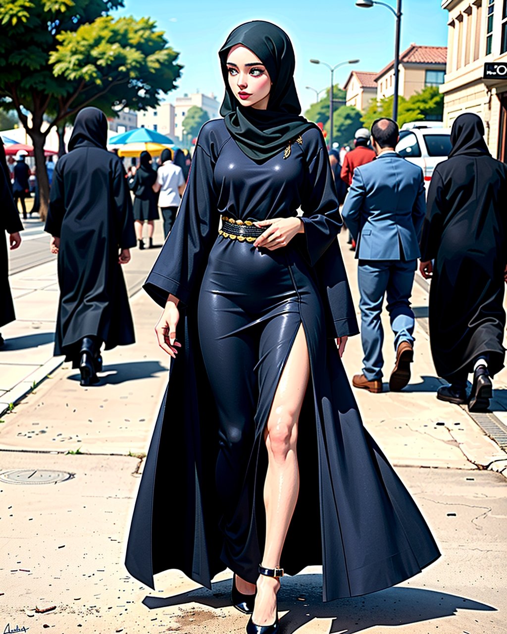 the daily routine of an arab woman, her hijab, full length abaya, and heels being her signature style, even when the sun beats down relentlessly