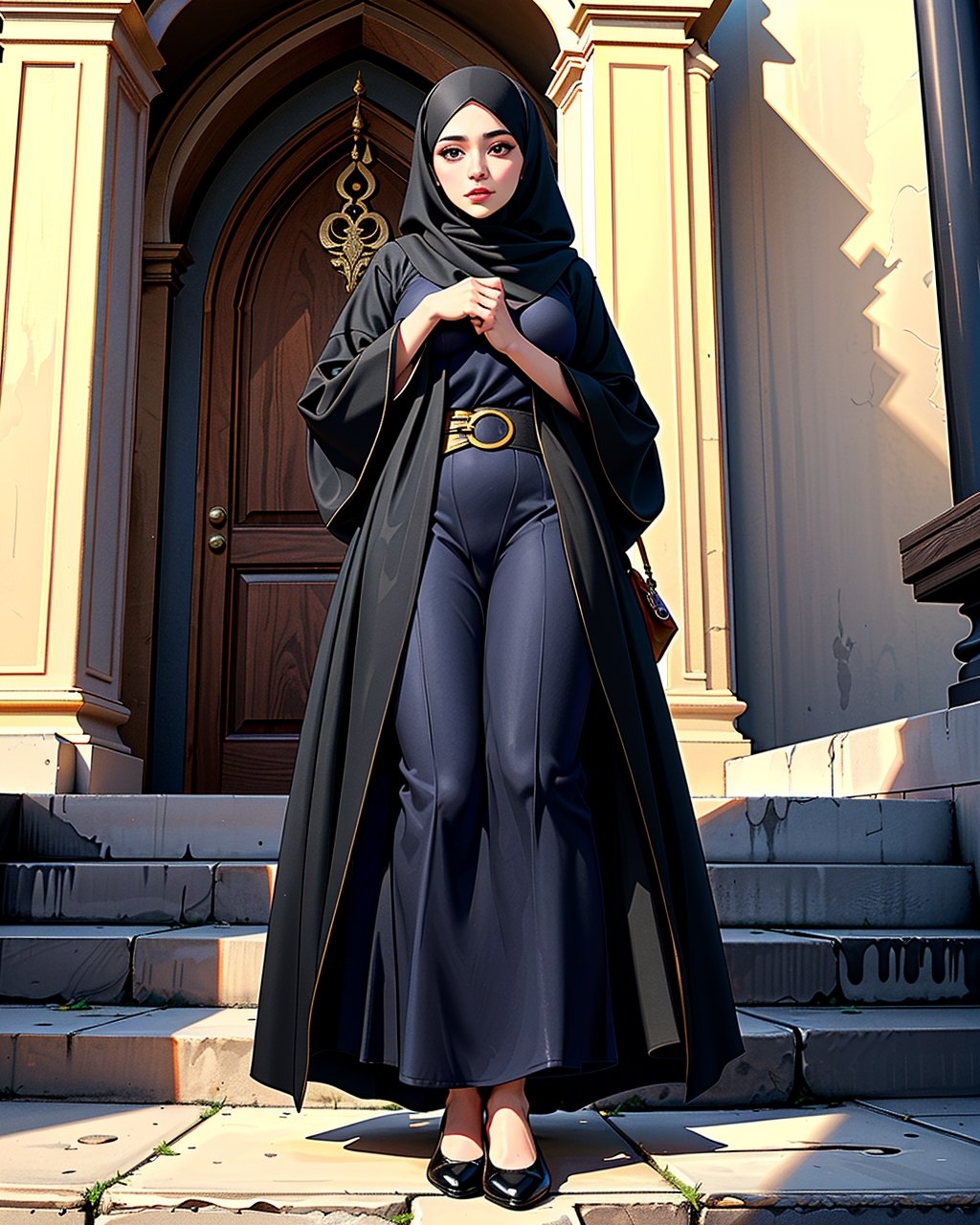 the daily routine of an arab woman, her hijab, full length abaya covering her body, and shoes being her signature style, even when the sun beats down relentlessly