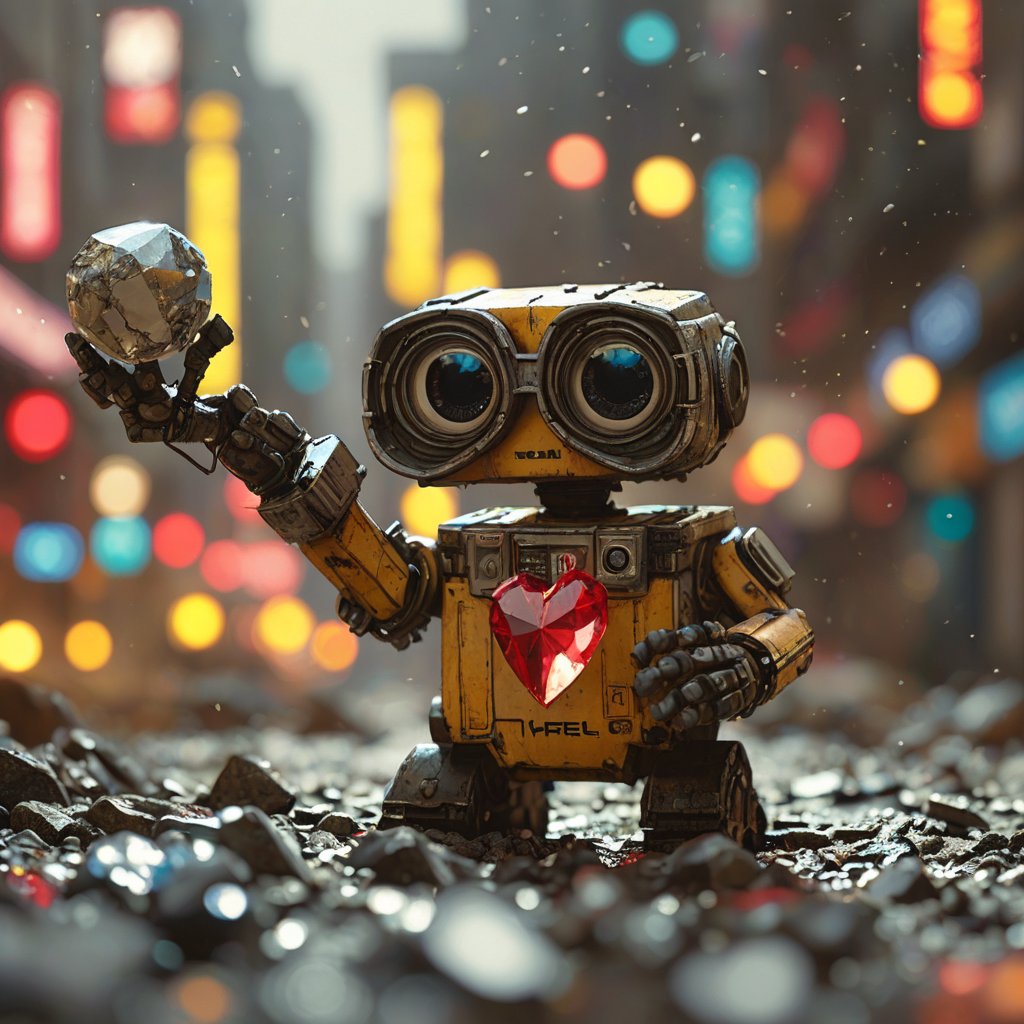 wall e, holding a crystal heart, on the city ò the damned