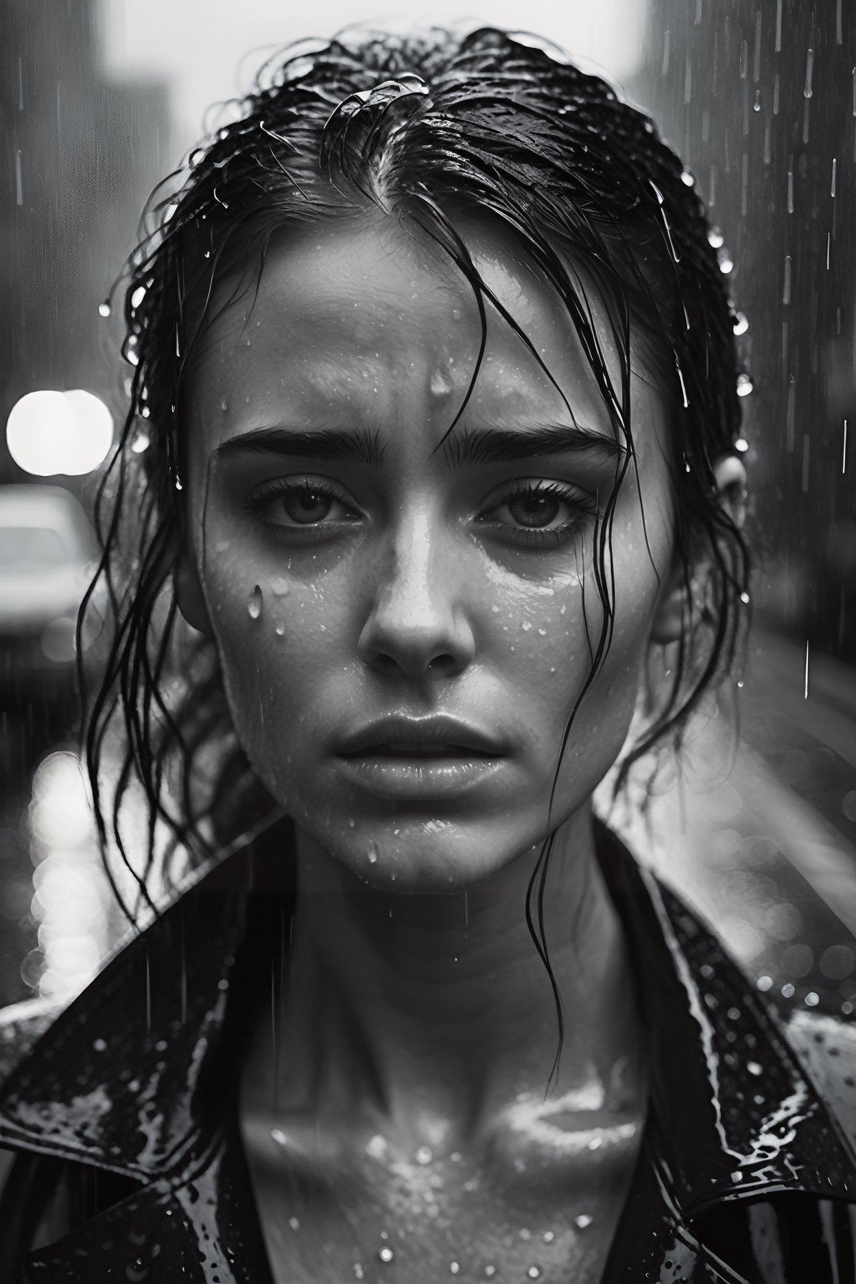 breathtaking emotional photograph of beautiful  sad young woman at might rainy street, tears and rain drops on her face, dynamic action pose . black snd white, rule of thirds, film noir, dark and moody style, volumetric lighting, exquisite details, highly detailed