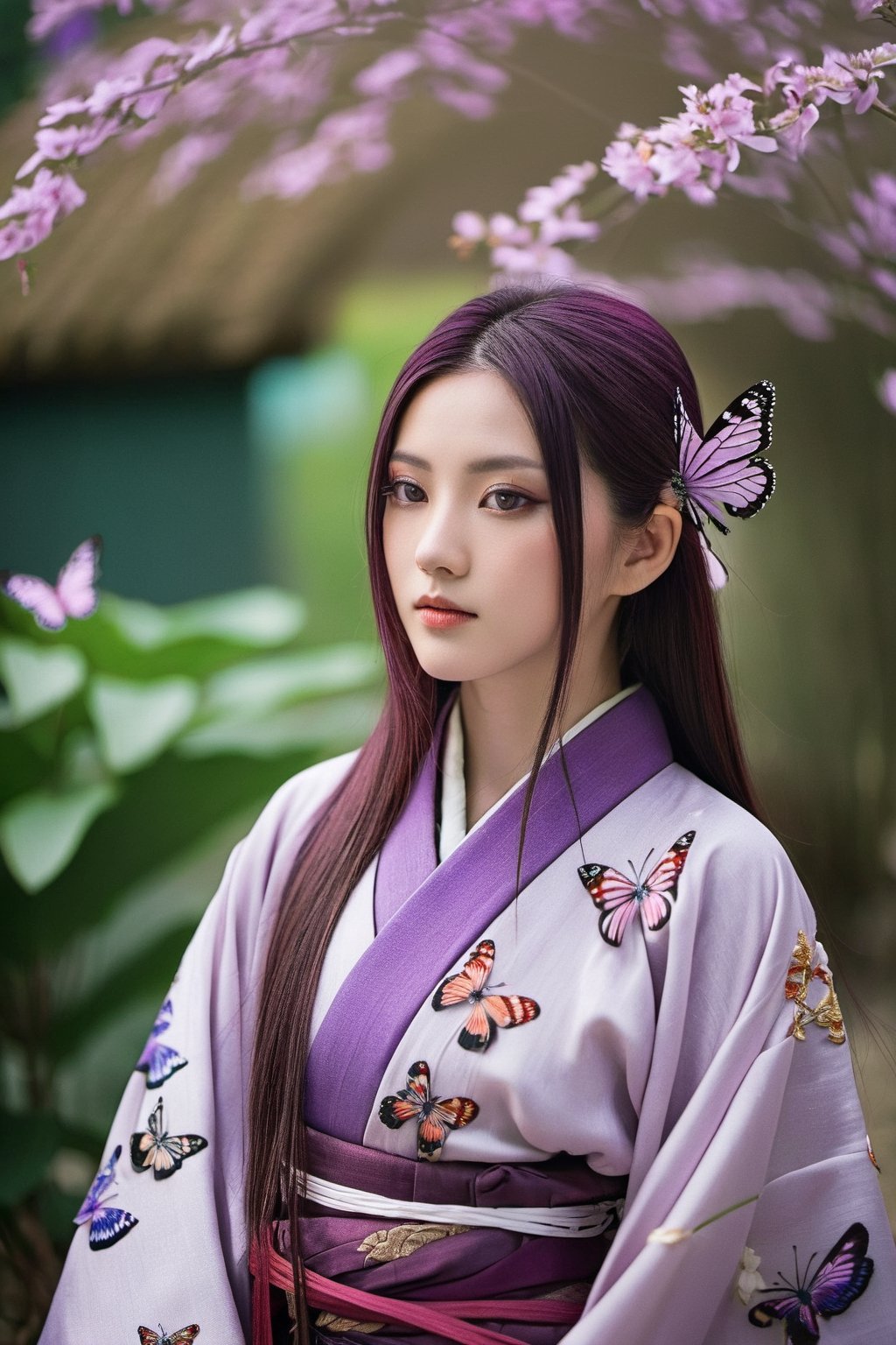 1 girl, solo, long purple hair, shiny green eyes, detailed eyes, blink and 25 years Japanese girl, purple silk kimono, purple glittering butterflies, outdoors, flower garden, high quality, ancient chinese hanfu, floral background, very detailed