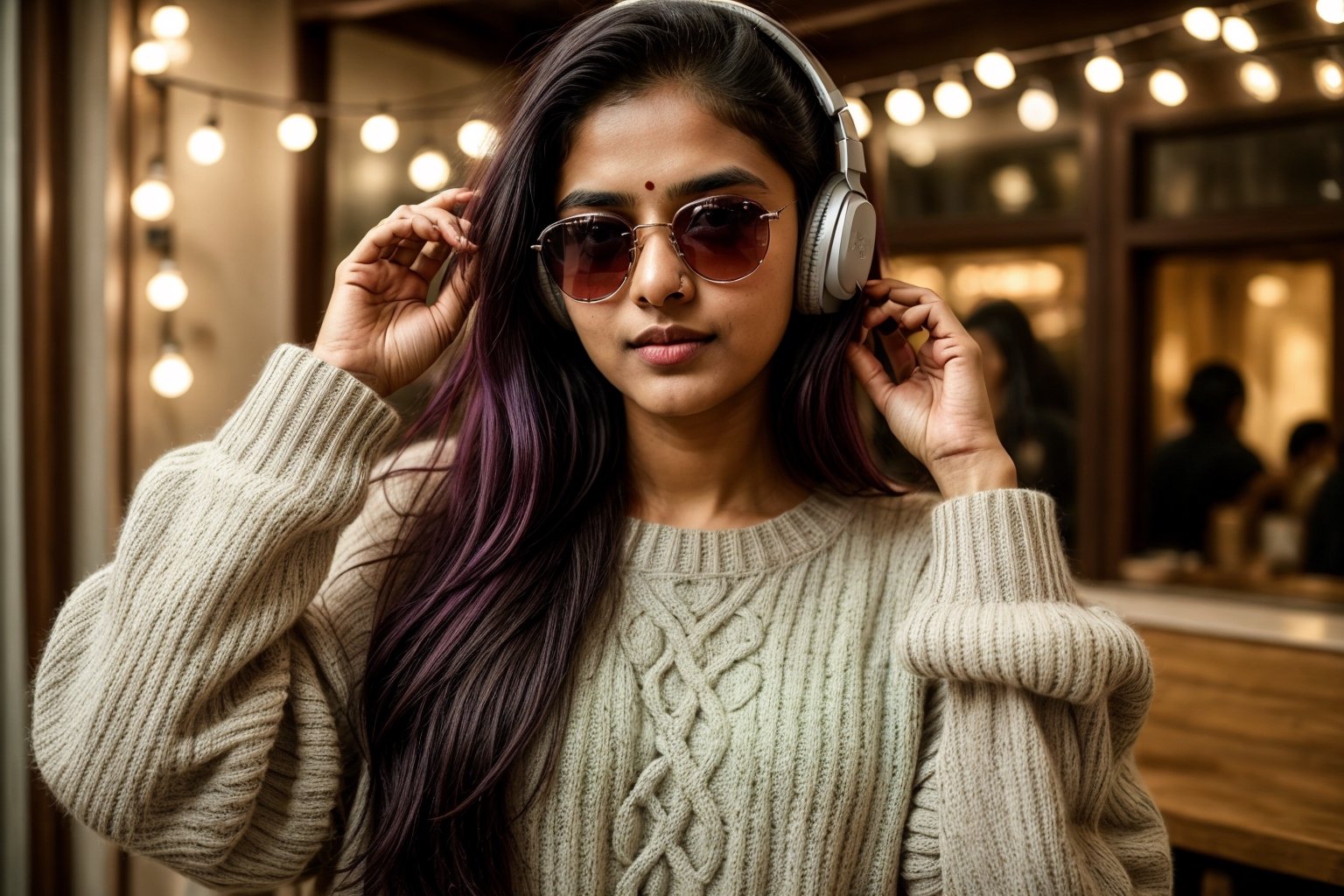 Beautiful cute young attractive Indian teenage girl, City girl, 28 years old, cute, Instagram model, long purple hair, warm, dancing, in-home bad, music headphone, Indian, sweater red colour+ sweater green colour  +sunglasses cloth,Indian,Woman,Indian tradition,photorealistic,   