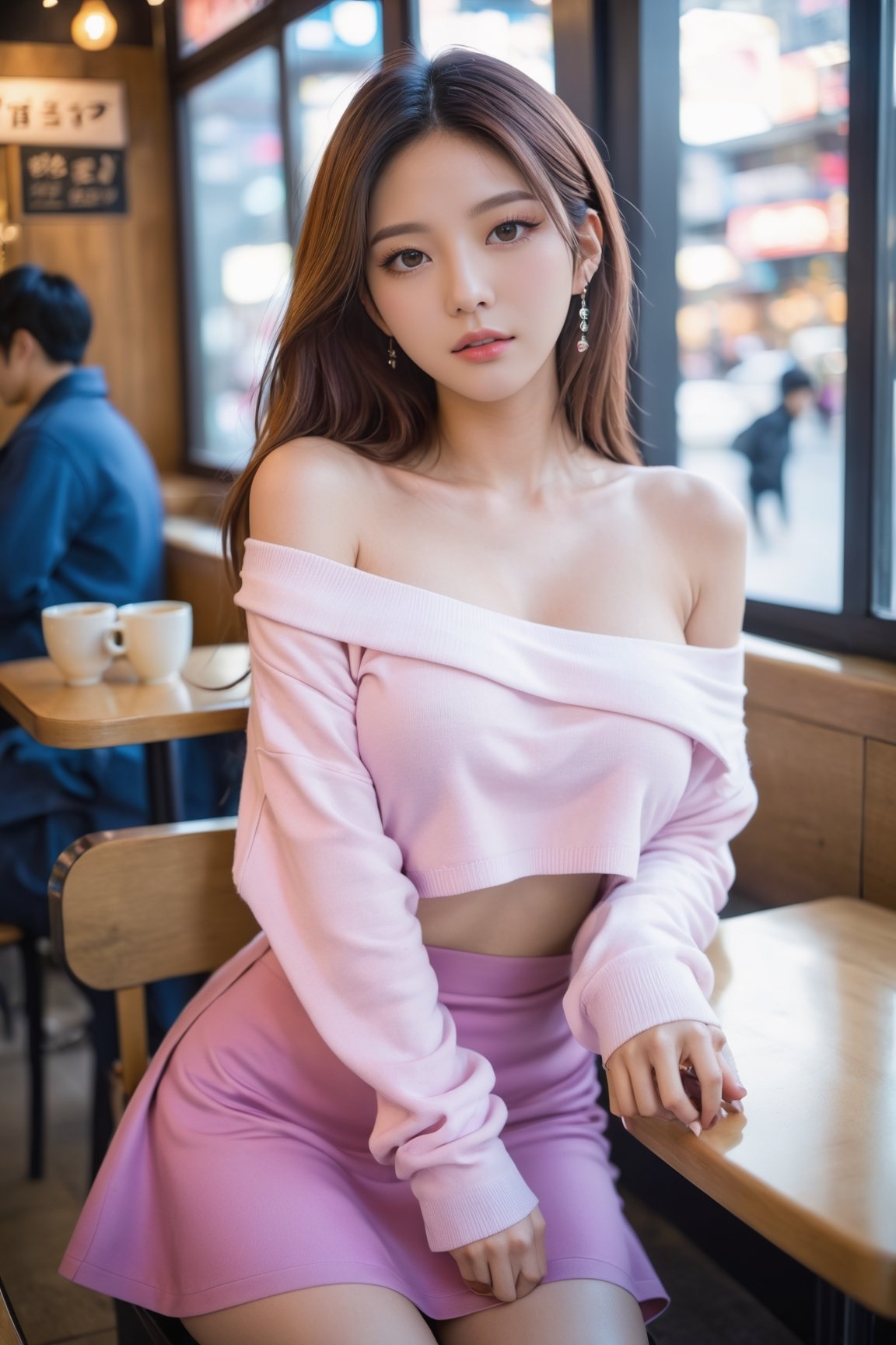 Korean woman Kim Seo Hun in a random color low shoulder drop sweater, micro skirt dress, 20 yo Korean model girl, sitting in a busy tea cafe, in Seoul city, anime girl in real life, Ross tran style, Ava max, anime girl cosplay, amaranth, seductive anime girl, belle delphine, ross tran 8 k, in the style of ross tran, art germ and Lois van barrel, better known as amaranth, perfect eyes, detailed eyes,