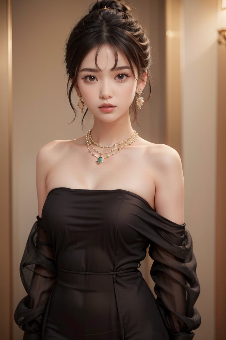 1girl, solo, looking at viewer, long hair, black hair, ponytail , dress, bare shoulders, brown eyes, jewelry, closed mouth, upper body, earrings, necklace, random color dress, lips, strapless, makeup, realistic