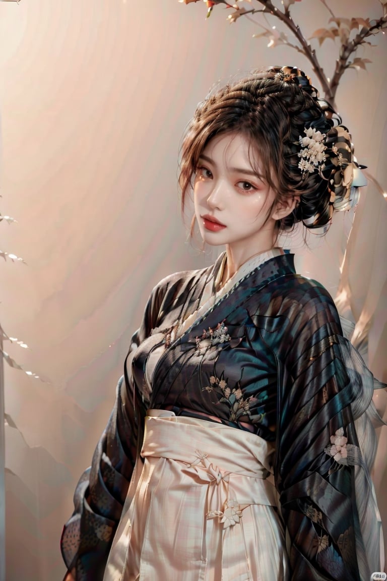 1girl, solo, long hair, looking at viewer, bangs, black hair, hair ornament, closed mouth, upper body, japanese clothes, hair flower, kimono, grey background, black eyes, lips, sash, realistic, ,Sexy Pose