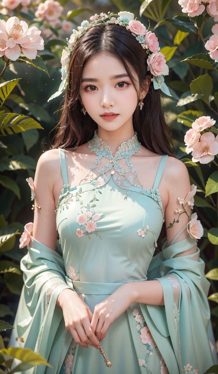 Generate hyper realistic image of a woman in a couture garden party dress in pastel hues, the intricate floral patterns matching the vibrant blooms around her. Place her in an enchanting botanical garden, exuding sophistication.((upper body)),1 girl,kimyojung
