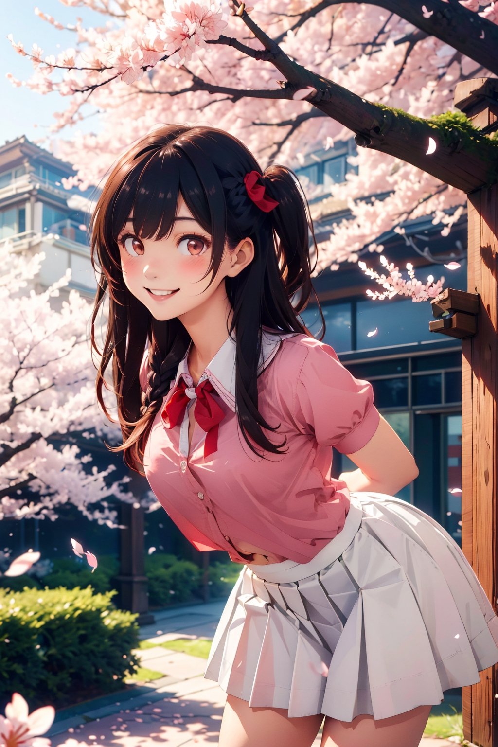 masterpiece, best quality, highres, chi1, 1girl, long hair, braid, one side up, solo, white skirt, red ribbon, pink shirt, pleated skirt, bangs, neck ribbon, puffy short sleeves, , arms behind back, leaning forward, smile, cherry blossoms, outdoors,