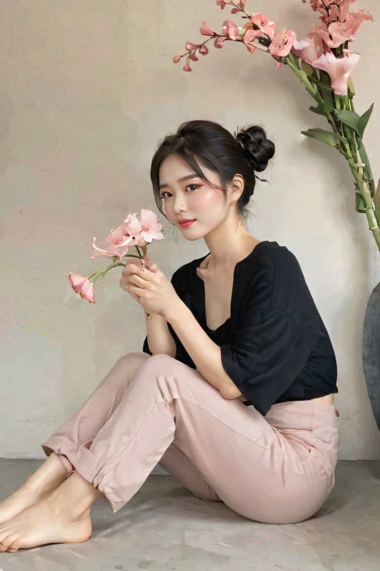 1girl, solo, breasts, black hair, sitting, closed eyes, flower, barefoot, pants, hair bun, blurry, feet, sideboob, profile, black pants, single hair bun, pink flower, realistic, holding flower