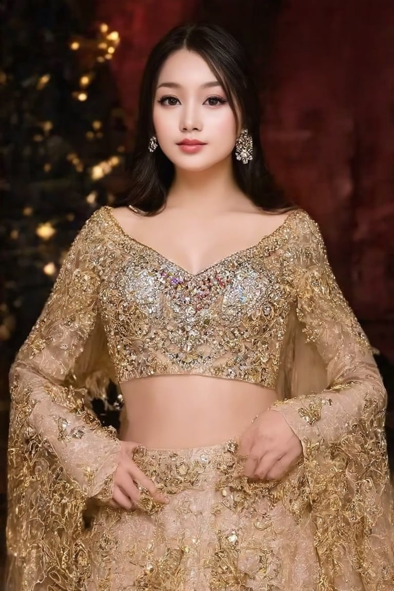 Masterpiece, high quality, 4K, beautiful design, shiny, from the front, award winning photo, extremely detailed, amazing, fine detail, absurdres, highly detailed woman, extremely detailed eyes and face,  solo, 1girl, babe, glossy, big , wifs, sparkling fabric, incrusted with jewels, visible midriff , woman wearing a wifs, posing inside a castle with an oriental architecture, golden embroidery,  