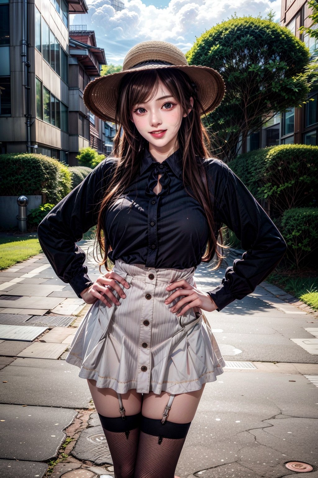 1girl, solo, long hair, breasts, looking at viewer, blush, smile, open mouth, bangs, skirt, large breasts, brown hair, shirt, hair ornament, red eyes, thighhighs, long sleeves, hat, bow, ribbon, holding, very long hair, standing, white shirt, flower, :d, sidelocks, thighs, cowboy shot, pleated skirt, outdoors, frills, sky, day, collared shirt, black thighhighs, cloud, bag, tree, blue sky, zettai ryouiki, hand on hip, dress shirt, neck ribbon, buttons, red skirt, garter straps, suspenders, frilled skirt, sun hat, high-waist skirt, straw hat, hat flower, suspender skirt, button gap,pastelbg