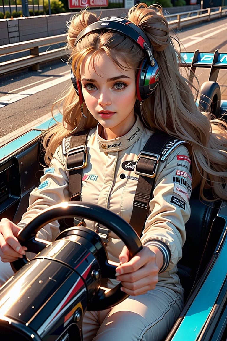 (((masterpiece))), (((best quality))), (((from front))), (((driving a formula racing))), ((fingers on (steering wheel))), sitting on cockpit, sharp eyes, helmet, dark gray jacket, gray uniform, speed lines, electric current, spiral wind, neon lights, dust, spark, shards, 1girl, big tits, blonde twinbun hair, sweat, slim figure, big turn, lora:girllikeformularacing_v20:1
