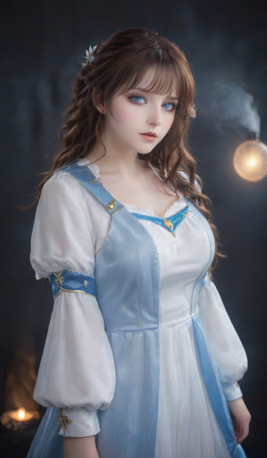 Veronika-inspired cosplayer posed against a dark, misty backdrop, donning a striking costume that mirrors the anime character's iconic attire. The model's long, curly brown hair cascades down her back as she gazes wistfully into the distance, her pale blue eyes gleaming with an air of mystery. Soft, ethereal lighting casts a warm glow on her porcelain skin, while the subtle misting effect adds depth and atmosphere to the scene.