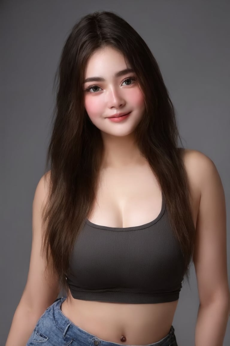 (((score_9, score_8_up, score_7_up, best quality, 4K, 8K, high-resolution, masterpiece, ultra-detailed, realistic, photorealistic, soft light, full-body_portrait))),(((1girl, (beautiful woman with emphasis on plump abs: 1.3), full body, (long hair, big breasts: 1.2), (oversized tank top: 1.2), ultra-delicate face, delicate eyes, double eyelids, smile, home, random color clothes))),(((high resolution, extremely sharp, ultra-real, extremely detailed, an ultra-realistic photograph captured with a Sony α7 III camera, equipped with an 85mm lens, depicting, The image, taken in high resolution.))) 