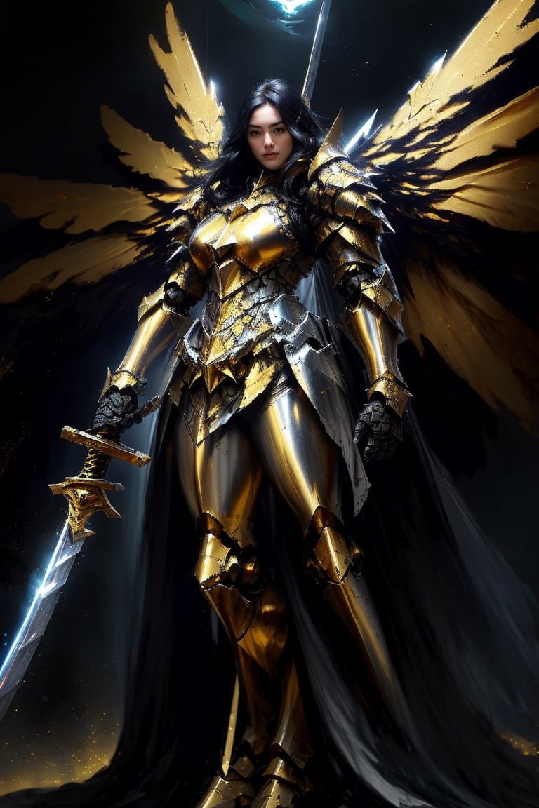 (masterpiece, best quality:1.2), Character design, ((1mecha girl, solo)), warrior of xian, slim body, medium chest, skinny waist, ((long black hair)). blue eyes. (((golden fantasy armor a female knight in a golden full armor))), (((big pauldrons, intricate details))), (((large armor wings))), (((advanced weapon fantasy plasma sword in right hand))), (standing), plain gray background, masterpiece, HD high quality, 8K ultra high definition, ultra definition,1 girl, Masterpiece