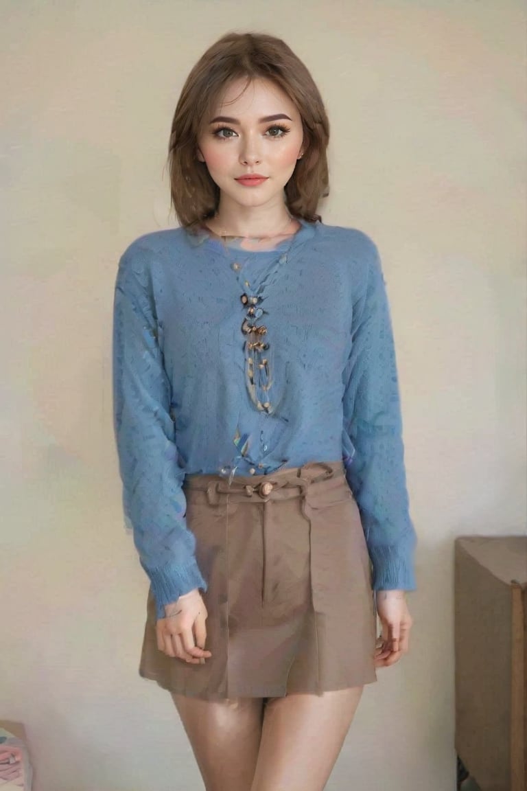 nordic girl, full body, standing,attractive pale skin,modern fashion style, small round face,blue eyes, Big eyes, big pupils, large pelvis, big breasts, narrow waist, healthy thighs, height 175 cm, 21 yo, solo, brown hair, shirt, holding, jewelry, standing, jacket, full body, earrings, belt, pants, bag, high heels,Fair Isle patterned sweater, realistic, holding bag, denim flared long skirt,photo_b00ster,better photography