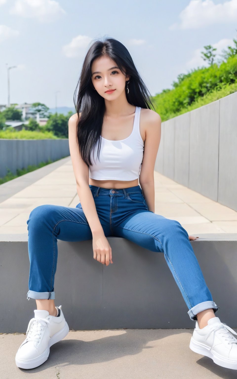 score_9,score_8_up,score_7_up, 1girl, solo, long hair, shirt, black hair, sitting, white shirt, outdoors, shoes, midriff, pants, blurry, legs, tank top, denim, sneakers, jeans, blue pants, white tank top, photo background