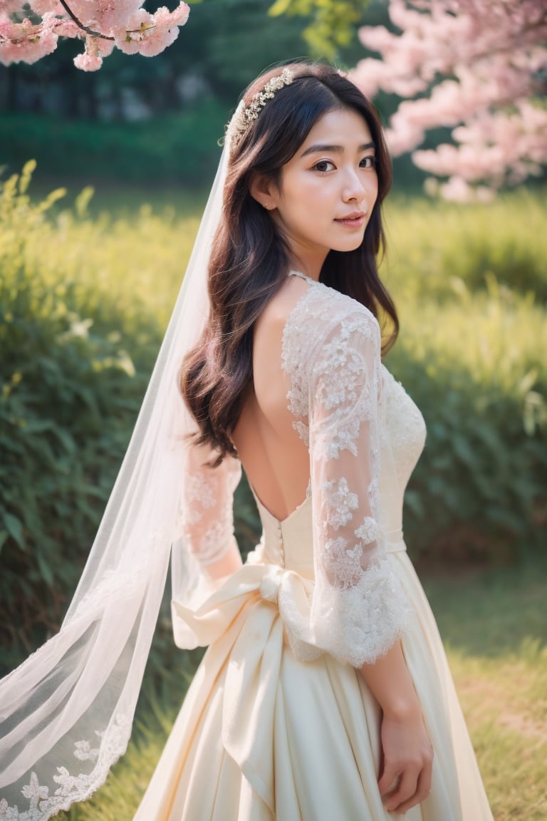 A serene outdoor setting, with cherry blossoms and meadows in full bloom. A radiant bride, dressed in a stunning gradient-hued wedding dress, stands amidst the natural beauty, her delicate facial features illuminated by soft, warm light. Her long, blonde hair flows gently in the breeze, as petals from the blooming trees float around her. The camera captures multiple angles, showcasing the intricate details of her outfit, including the transparent cloth draped across her shoulders and the bridal veil flowing behind her. Her eyes, a mesmerizing blend of blue and green, sparkle with joy. In the distance, angelic wings unfold from her back, as if she's about to take flight, surrounded by the breathtaking scenery.