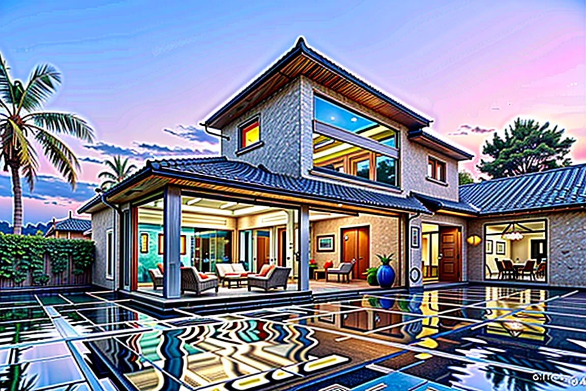 (best quality, masterpiece, high_resolution:1.5),Ultra-realistic 8k, hd image quality, sharp detail, 2-story modern house, main materials white walls, wooden ceiling accents, large glass windows, roads, cars, sidewalks, American Palm trees high, has a small alley, located in a residential area, modern style, shimmering sky, sunset light, feels peaceful, beautiful, close and warm, ((Warm light from indoor:1.3)), (daylight:1.2), perfect lighting,dynamic light,2 large glass doors,((1 large glass window:1.3)), (night light), (colorful flowers in front of the house). Night light from lamps and moon.,Thai style roof,Wonder of Art and Beauty,Chinese Style,Korean Style,garden