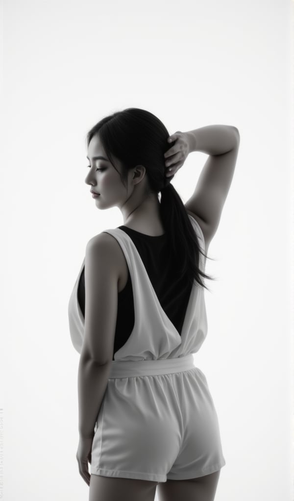 Captured in a black and white monochromatic shot, a woman stands with her back to the camera, her left arm raised above her head, her right hand resting on her hip. She is wearing a sleeveless blouse with a black t-shirt underneath it. Her hair is pulled back in a ponytail, adding a touch of movement to her face. The backdrop is a stark white, with a watermark in the bottom left corner of the frame.