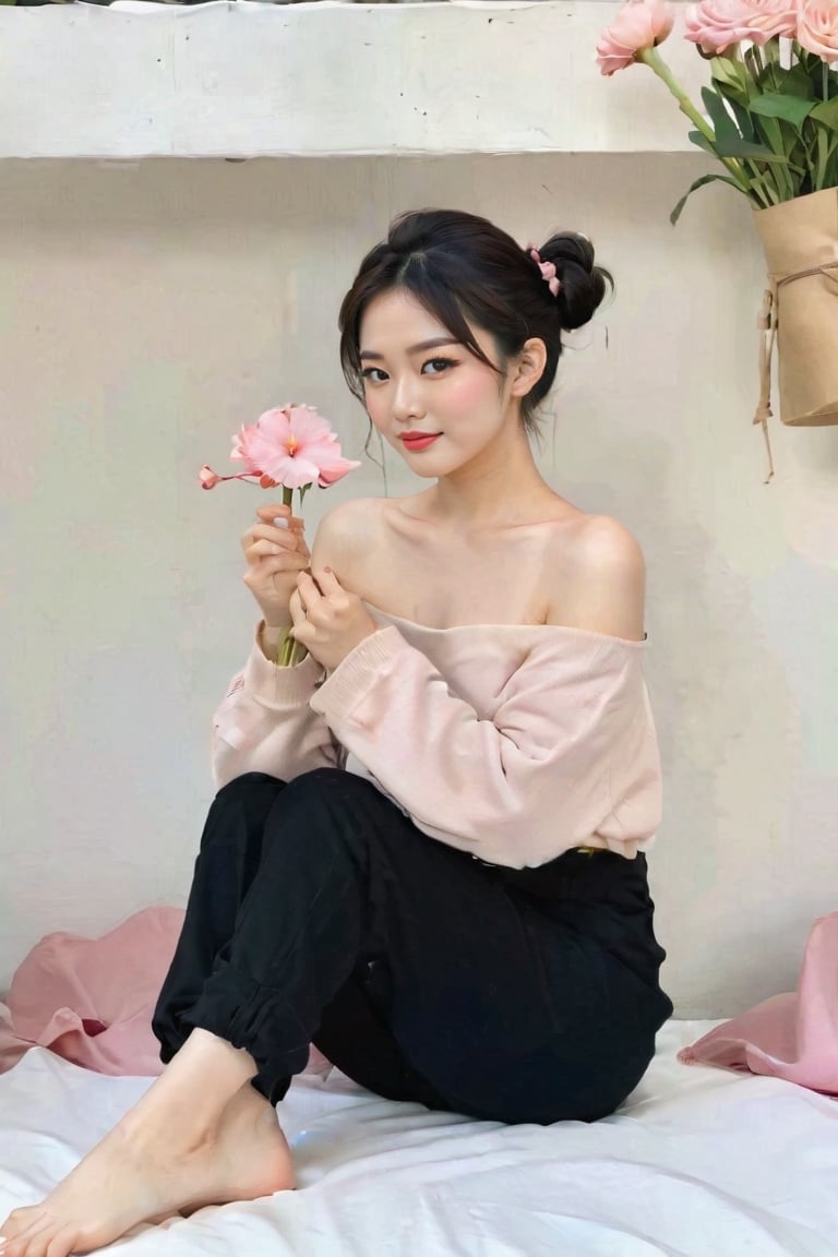 1girl, solo, breasts, black hair, sitting, closed eyes, flower, barefoot, pants, hair bun, blurry, feet, sideboob, profile, black pants, single hair bun, pink flower, realistic, holding flower