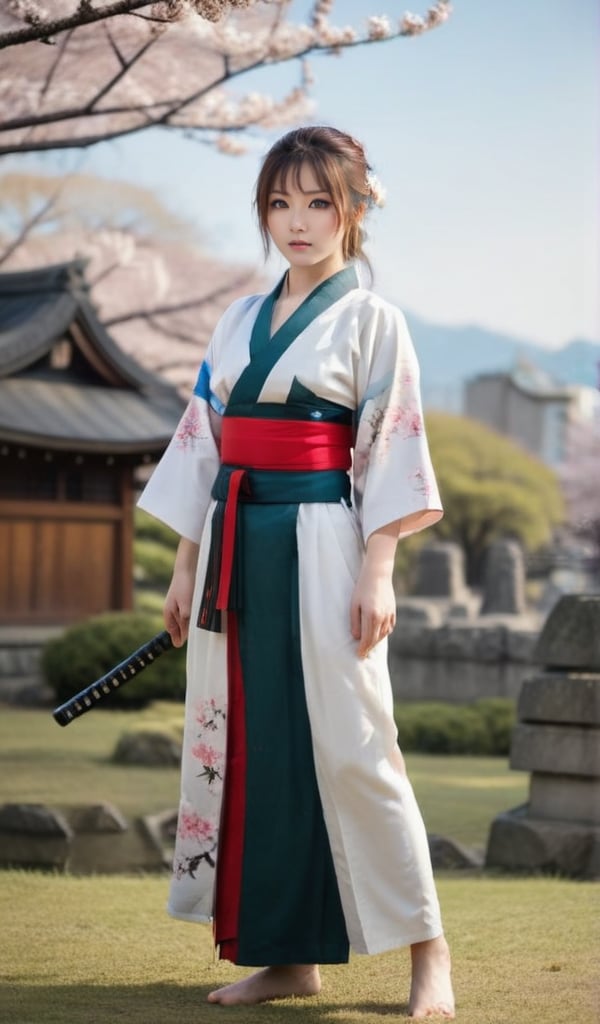 A stunning cosplayer dressed as a Japanese warrior, standing proudly with a traditional katana in hand. Framed against a serene background of cherry blossoms or ancient temple ruins, her determined expression and poised stance evoke the spirit of samurai legend. Softly lit from above, her eyes gleam like polished jade, while the gentle rustle of her armor and flowing kimono adds texture to the scene.,score_9,score_5_up,score_4_up,imageized,score_8_up,Pony,BREAK,Olivia,score_6_up,score_7_up,,Realistic