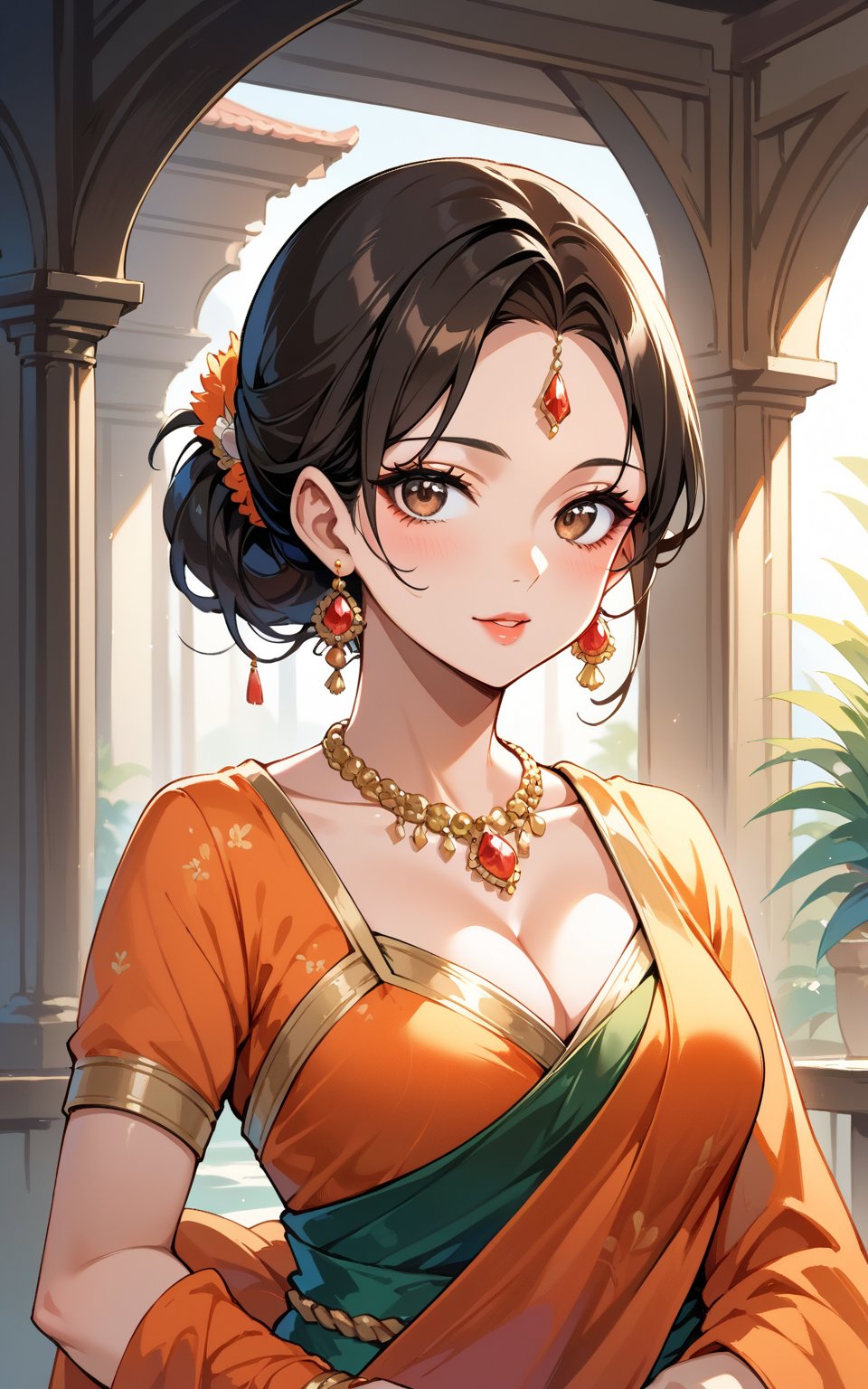 score_9,score_8_up,score_7_up, 1girl, solo, breasts, looking at viewer, brown hair, black hair, hair ornament, dress, sari, cleavage, brown eyes, jewelry, medium breasts, collarbone, upper body, earrings, necklace, hair bun, lips, makeup, sari, single hair bun, gem, full body, head to toe. 