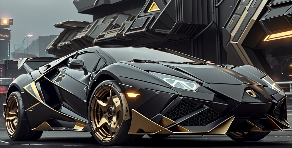 lamborghini, scifi, luxurious,  cyberpunk, car on a highway ,luxtech, luxurious,mecha,gold_trim and flat black, cyberpunk, photorealistic,mecha musume,MECHA