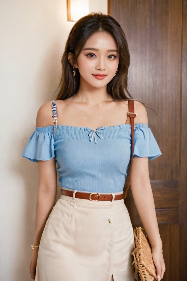 1girl, solo, long hair, looking at viewer, blush, smile, open mouth, bangs, skirt, simple background, brown hair, shirt, red eyes, white background, holding, bare shoulders, brown eyes, jewelry, very long hair, standing, collarbone, short sleeves, :d, earrings, hand up, miniskirt, bracelet, blue skirt, head tilt, one side up, blue shirt, arm behind back, waving, basket, shoulder cutout