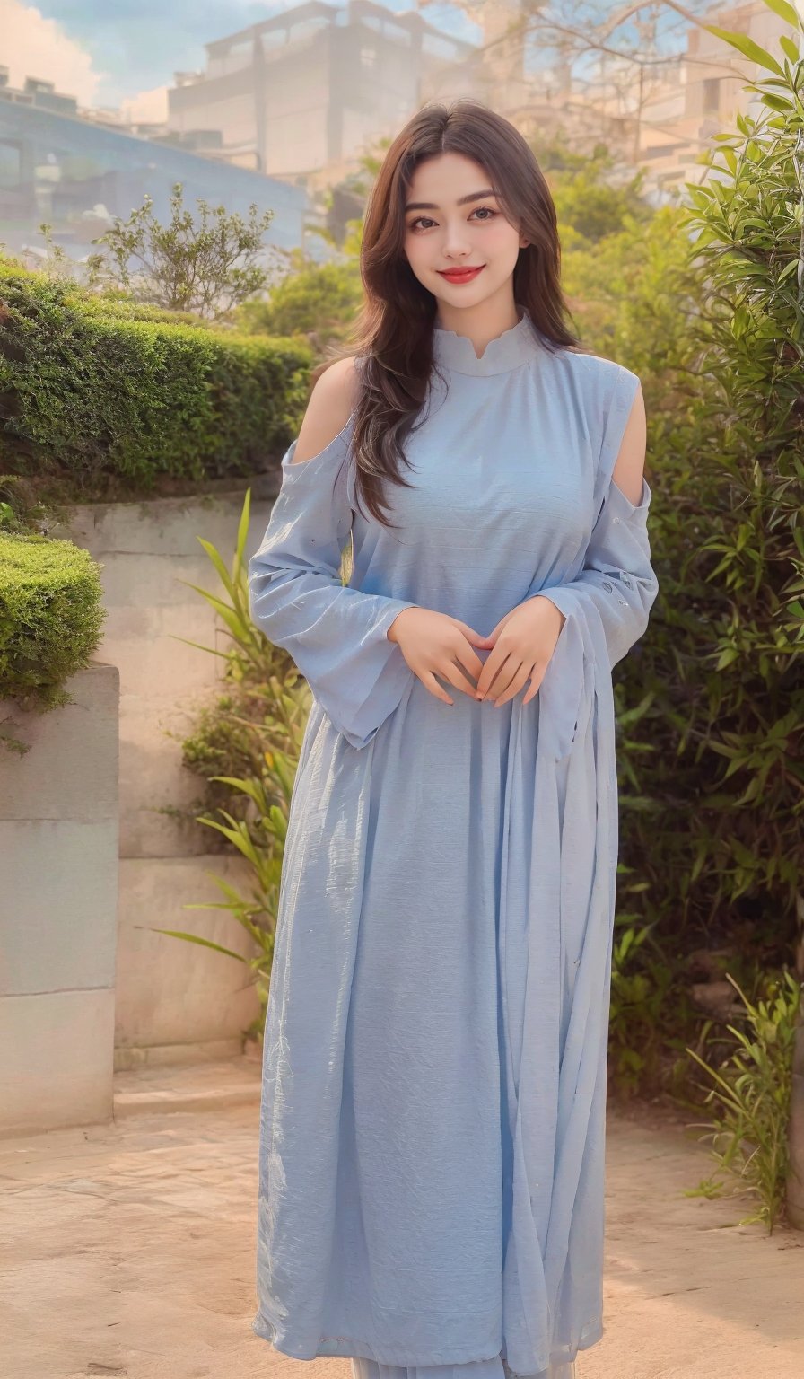 A young woman with bright smile, wearing a lightweight, floral-patterned sundress with flowing sleeves and a relaxed fit, stands against a serene background of lush greenery and blue sky, sunlight casting warm highlights on her hair and shoulders as she gazes directly at the camera with carefree expression.