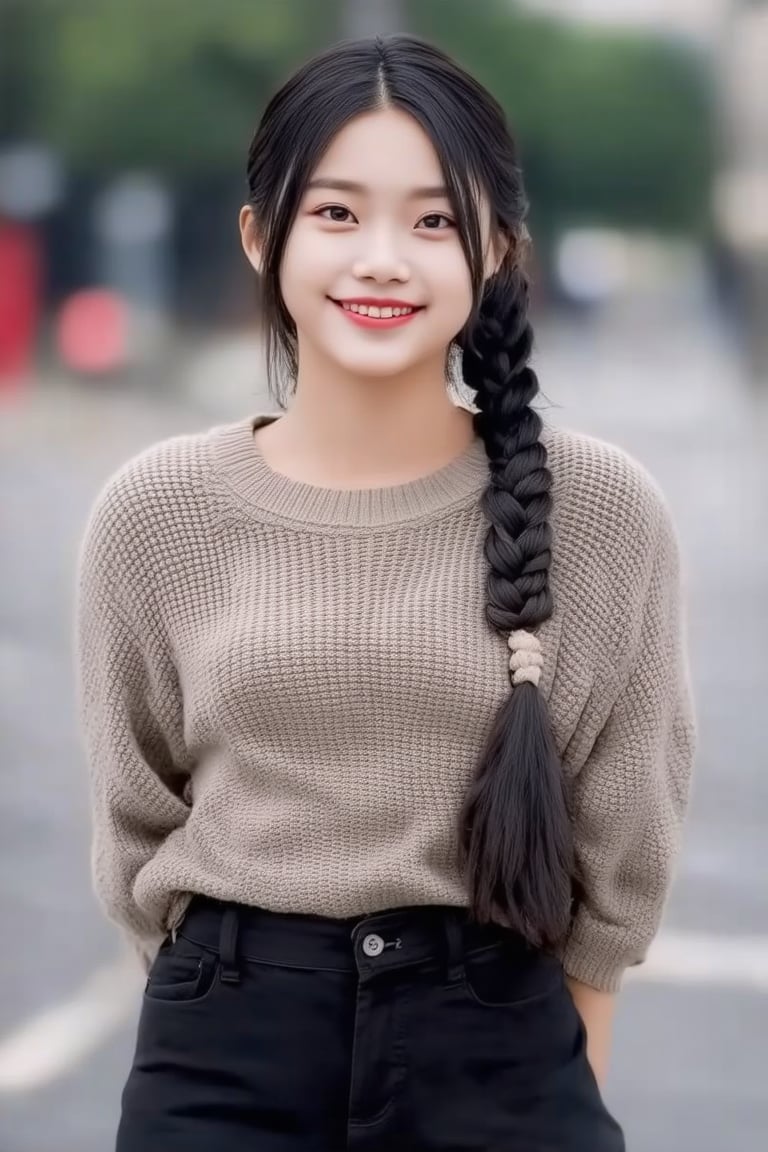 (((score_9, score_8_up, score_7_up, best quality, 4K, 8K, high-resolution, masterpiece, ultra-detailed, realistic, photorealistic))), 
(((1girl, 28 years old, solo, long hair, looking at viewer, smile, black hair, braid, teeth, pants, grin, blurry, sweater, single braid, blurry background, arms behind back, realistic))),(((high resolution, extremely sharp, ultra-real, extremely detailed, an ultra-realistic photograph captured with a Sony α7 III camera, equipped with an 85mm lens, depicting, The image, taken in high resolution.))) 