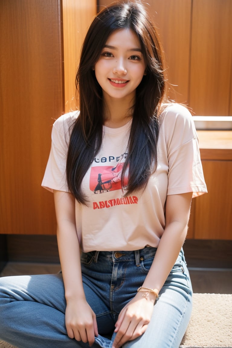 1girl, solo, long hair, looking at viewer, smile, shirt, black hair, jewelry, sitting, short sleeves, pants, dark skin, bracelet, facial hair, denim, jeans, realistic, @imageized