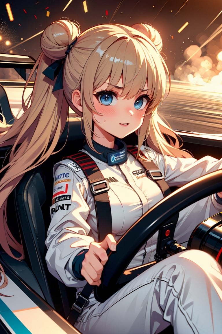 (((masterpiece))), (((best quality))), (((from front))), (((driving a formula racing))), ((fingers on (steering wheel))), sitting on cockpit, sharp eyes, helmet, dark gray jacket, gray uniform, speed lines, electric current, spiral wind, neon lights, dust, spark, shards, 1girl, big tits, blonde twinbun hair, sweat, slim figure, big turn, lora:girllikeformularacing_v20:1
