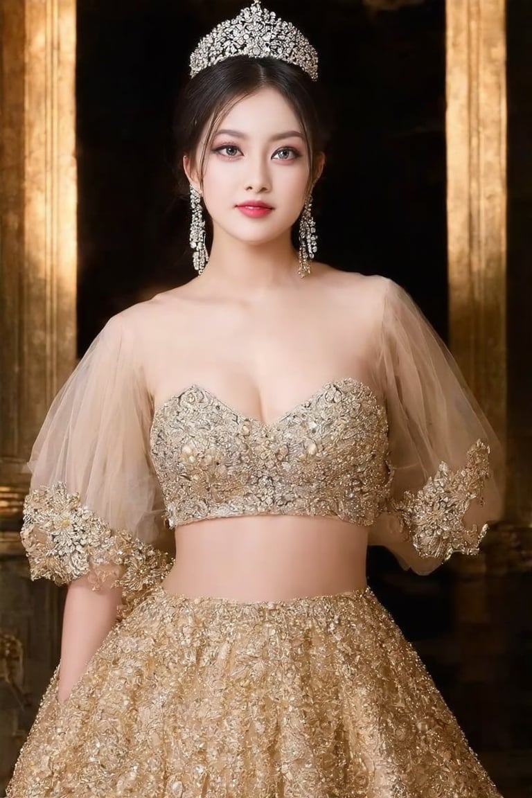 Masterpiece, high quality, 4K, beautiful design, shiny, from the front, award winning photo, extremely detailed, amazing, fine detail, absurdres, highly detailed woman, extremely detailed eyes and face,  solo, 1girl, babe, glossy, big , wifs, sparkling fabric, incrusted with jewels, visible midriff , woman wearing a wifs, posing inside a castle with an oriental architecture, golden embroidery,  