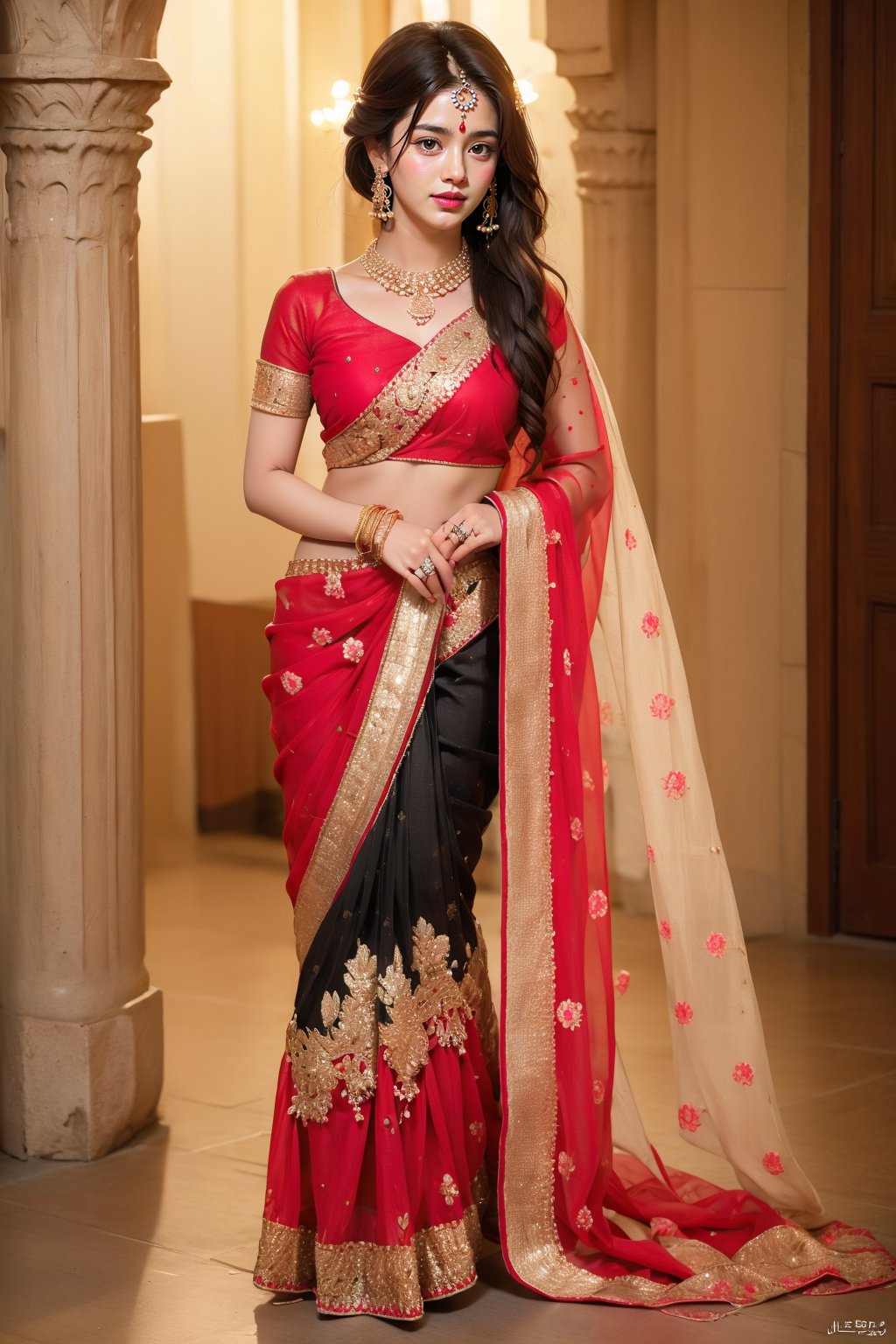 1girl, solo, long hair, black hair, dress, chiffon saree jewelry, earrings, necklace, blurry, see-through, floral print, ring, realistic, @imageized