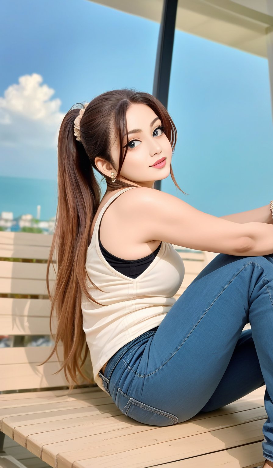 1girl, solo, long hair, looking at viewer, brown hair, shirt, black hair, jewelry, sitting, ponytail, earrings, pants, lips, scrunchie, tank top, denim, jeans, blue pants, photo background,Pony