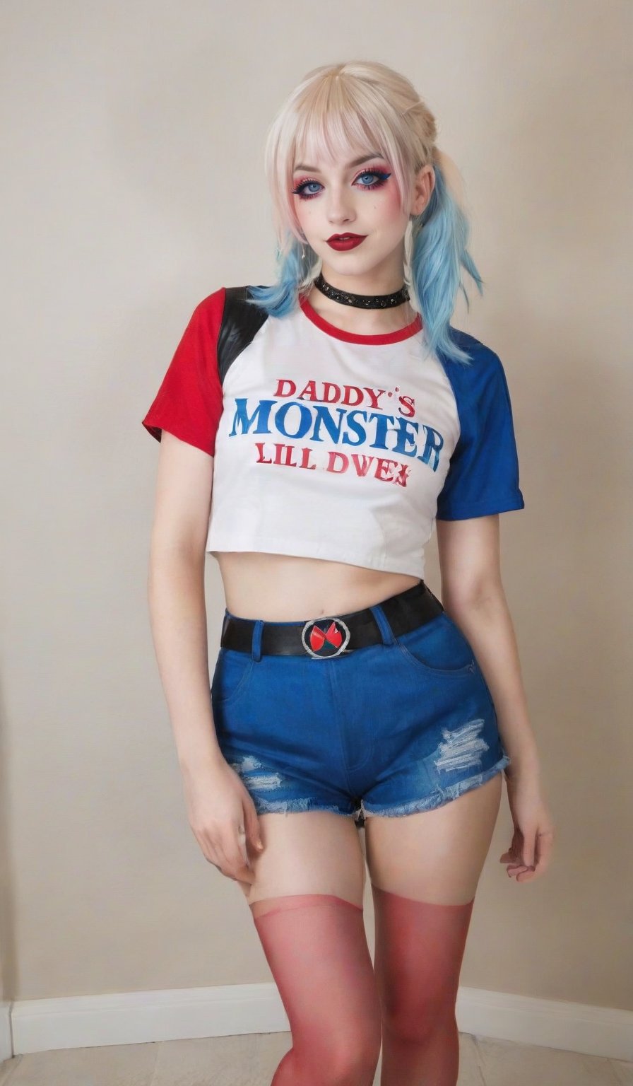 Here's a DIY Harley Quinn costume at home:

A close-up shot of a playful, mischievous face: A blonde wig styled in pigtails with blue and pink hair ties, red eyeshadow painted in a crescent shape on one eye, and blue on the other, with bold black eyeliner. The overall expression is sassy and playful.

The costume consists of a white baseball tee with bright red sleeves, emblazoned with the phrase Daddy's Lil' Monster written in bold black marker. Red and blue shorts, either homemade or store-bought, are worn underneath, featuring a half-and-half effect where one side is red and the other is blue.

The outfit is topped off with fishnet stockings, a studded belt cinched around the waist, and high-top Converse shoes that add to Harley's edgy, rebellious vibe.